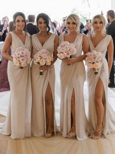 Comprar Champán línea A Cuello en V Gasa Largo Vestidos de dama de honor