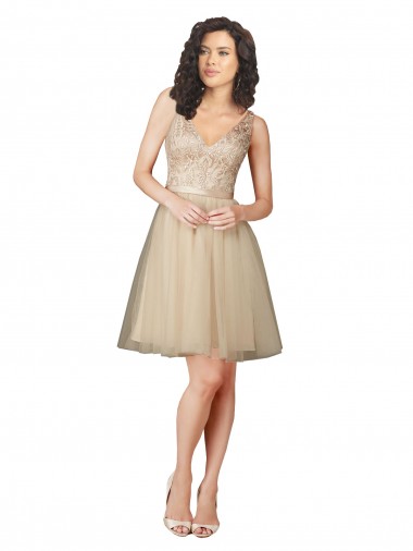 Comprar Champán línea A Cuello en V Tul Encaje Corto Vestidos de dama de honor