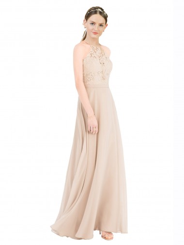 Comprar Champán línea A Halter Cuello Alto Gasa Encaje Largo Vestidos de dama de honor / Vestidos de fiesta