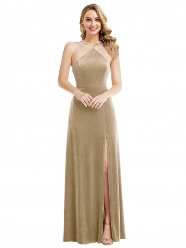 Comprar Champán línea A Halter Cuello Alto Terciopelo Elástico Largo Vestidos de dama de honor / Vestidos de fiesta