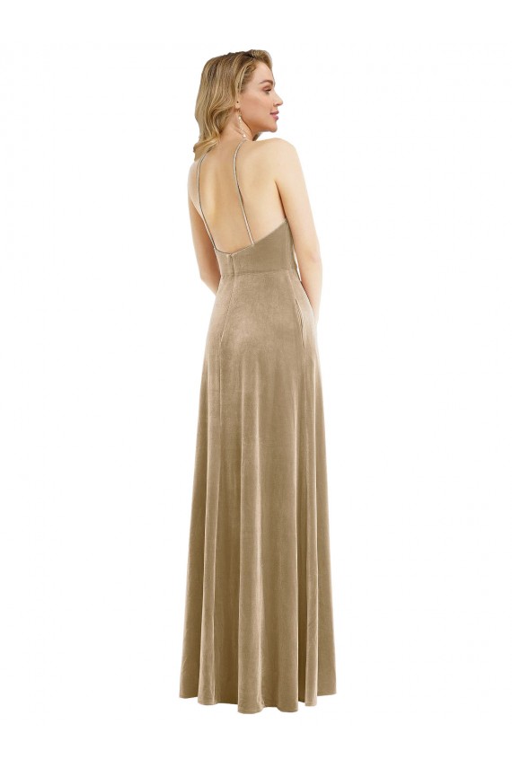 Comprar Champán línea A Halter Cuello Alto Terciopelo Elástico Largo Vestidos de dama de honor / Vestidos de fiesta