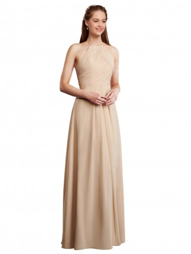 Comprar Champán línea A Halter Gasa Largo Vestidos de dama de honor