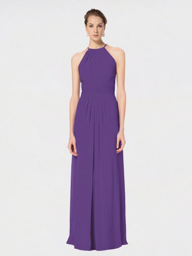 Comprar Ciruela línea A Tirantes espagueti Halter Gasa Largo Vestidos de dama de honor