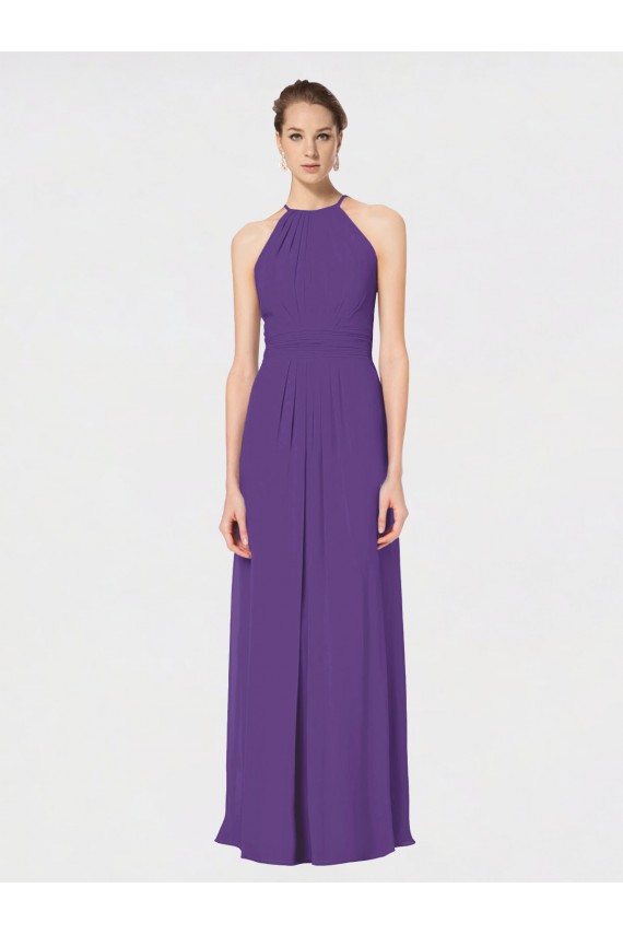 Comprar Ciruela línea A Tirantes espagueti Halter Gasa Largo Vestidos de dama de honor