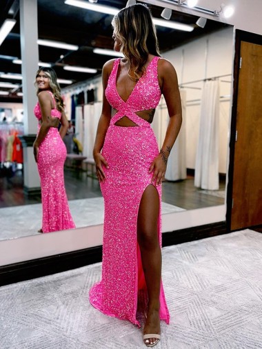 Comprar Color mostrado Cubierta Cuello en V Barrer tren Lentejuelas Terciopelo Largo Vestidos de fiesta