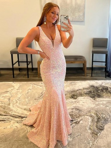 Comprar Color mostrado Cubierta Cuello en V Barrer tren Lentejuelas Terciopelo Largo Vestidos de fiesta