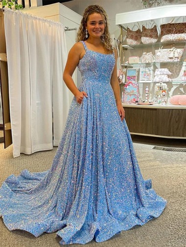 Comprar Color mostrado línea A Cucharón Cola corte Lentejuelas Terciopelo Largo Vestidos de fiesta
