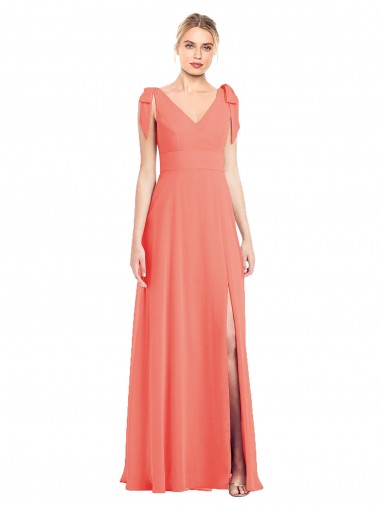 Comprar Coral Trompeta Cuello en V Gasa Largo Vestidos de dama de honor