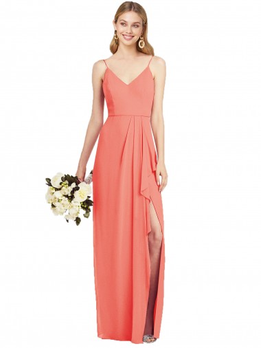 Comprar Coral Trompeta Tirantes espagueti Cuello en V Gasa Largo Vestidos de dama de honor
