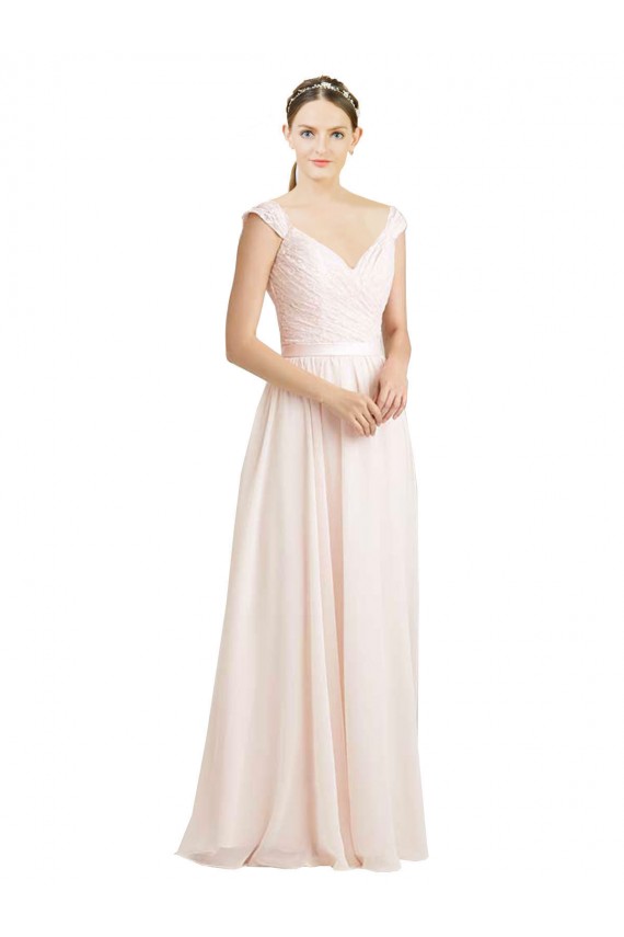 Comprar Crema Rosa línea A Cuello de Corazón Gasa Encaje Largo Vestidos de dama de honor