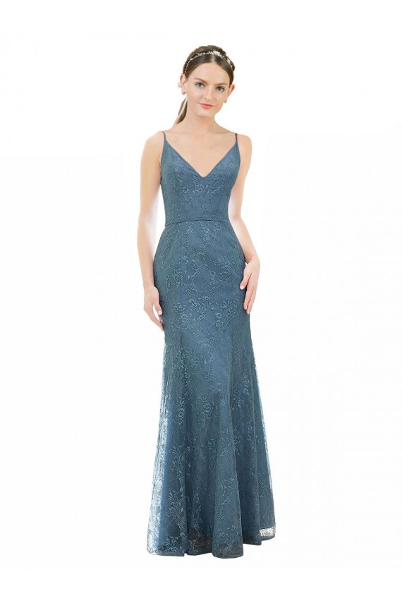 Comprar Cubierta Tirantes espagueti Cuello en V Encaje Largo Vestidos de dama de honor