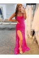 Comprar Fucsia Cubierta Tirantes espagueti Barrer tren Lentejuelas Terciopelo Largo Vestidos de fiesta