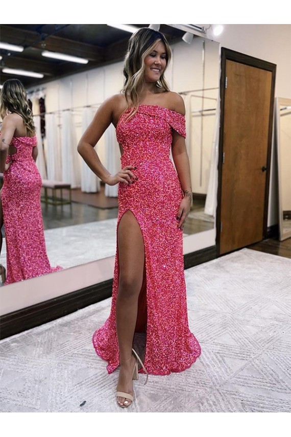 Comprar Fucsia Cubierta Un Hombre Barrer tren Lentejuelas Terciopelo Largo Vestidos de fiesta