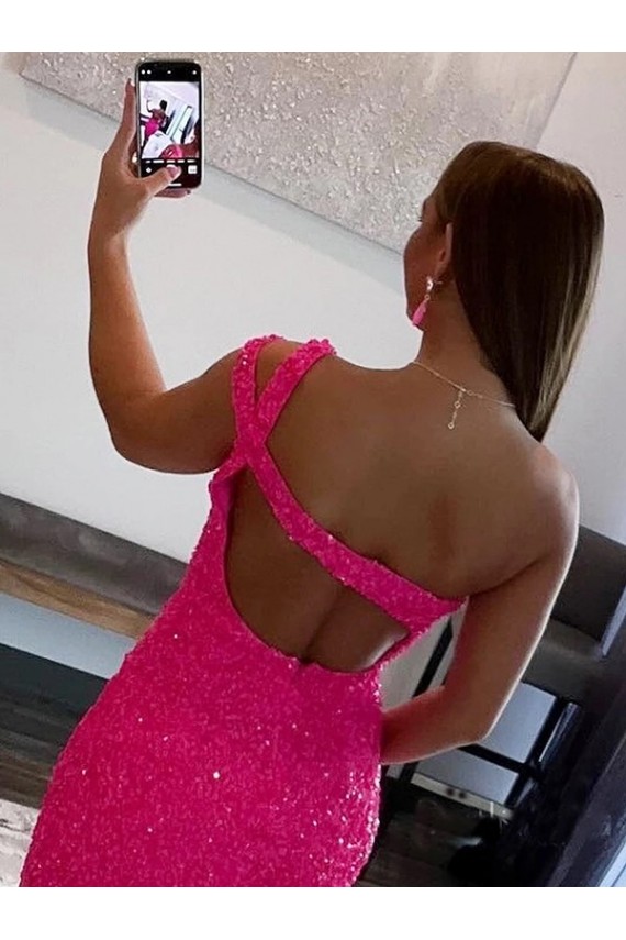 Comprar Fucsia Cubierta Un Hombre Corto Lentejuelas Terciopelo Corto Vestidos de fiesta