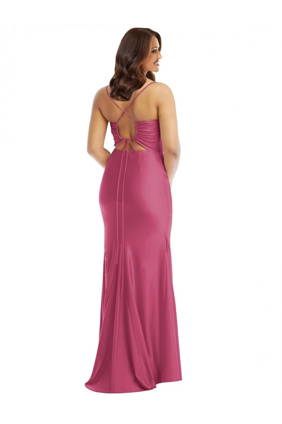 Comprar Fucsia Sirena Tirantes espagueti Satén sedoso Largo Formales Vestidos de dama de honor / Vestidos de fiesta