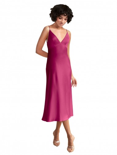 Comprar Fucsia línea A Cuello en V Midi Satén elástico Corto Formales Vestidos de dama de honor / Vestidos de fiesta / Vestidos de cóctel