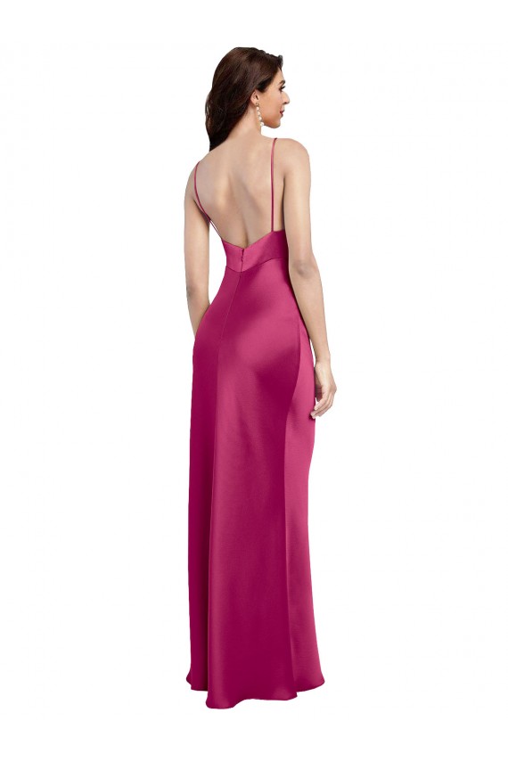 Comprar Fucsia línea A Tirantes espagueti Cuello en V Satén elástico Largo Formales Vestidos de dama de honor / Vestidos de fiesta
