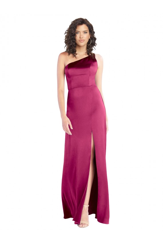 Comprar Fucsia línea A Un Hombre Satén elástico Largo Formales Vestidos de dama de honor / Vestidos de fiesta