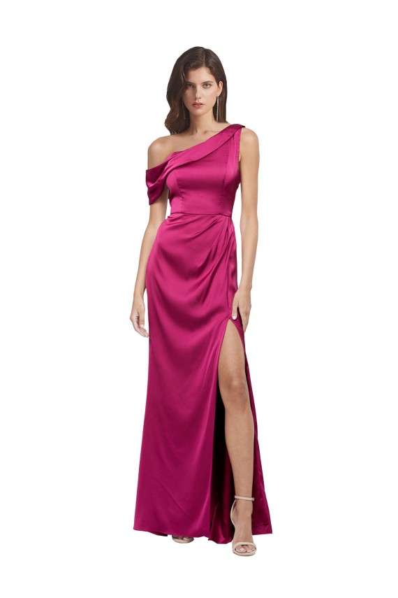 Comprar Fucsia línea A Un Hombre Satén elástico Largo Formales Vestidos de dama de honor / Vestidos de fiesta