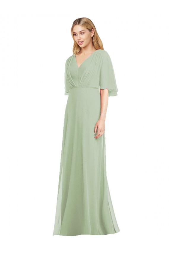 Comprar Humo Verde Trompeta Cuello en V Gasa Largo Vestidos de dama de honor