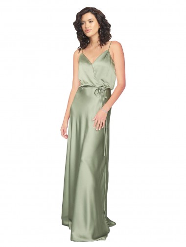 Comprar Humo Verde línea A Cuello en V Satén sedoso Largo Formales Vestidos de dama de honor / Vestidos de noche