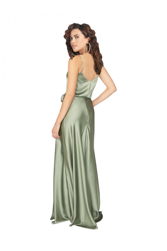 Comprar Humo Verde línea A Cuello en V Satén sedoso Largo Formales Vestidos de dama de honor / Vestidos de noche