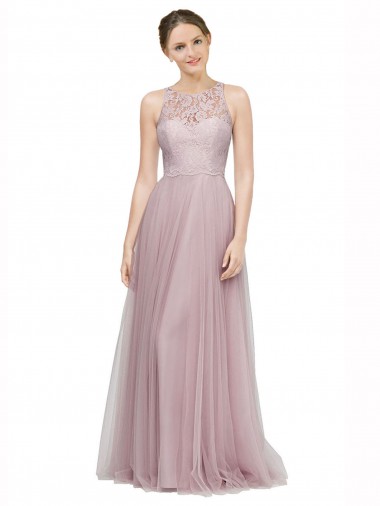 Comprar Light Lilac línea A Cuello de Corazón Tul Encaje Largo Vestidos de dama de honor