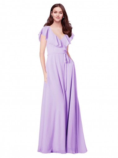 Comprar Lila línea A Cuello en V Gasa Largo Vestidos de dama de honor