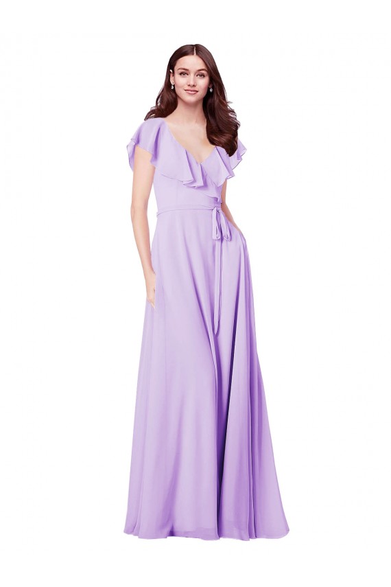 Comprar Lila línea A Cuello en V Gasa Largo Vestidos de dama de honor