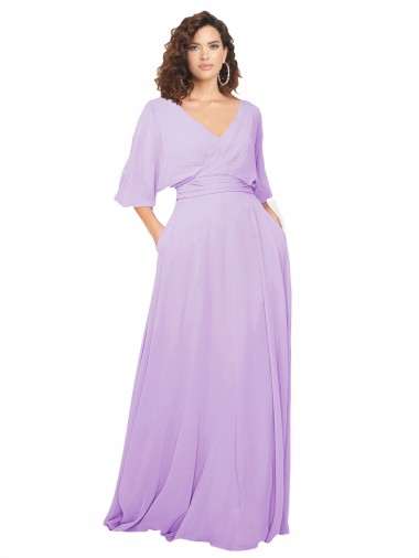 Comprar Lila línea A Cuello en V Gasa Largo Vestidos de dama de honor