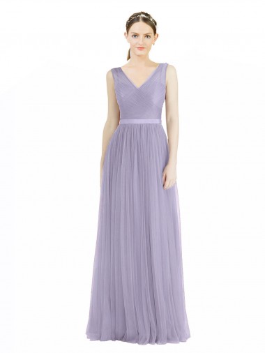Comprar Lila línea A Cuello en V Tul Largo Vestidos de dama de honor