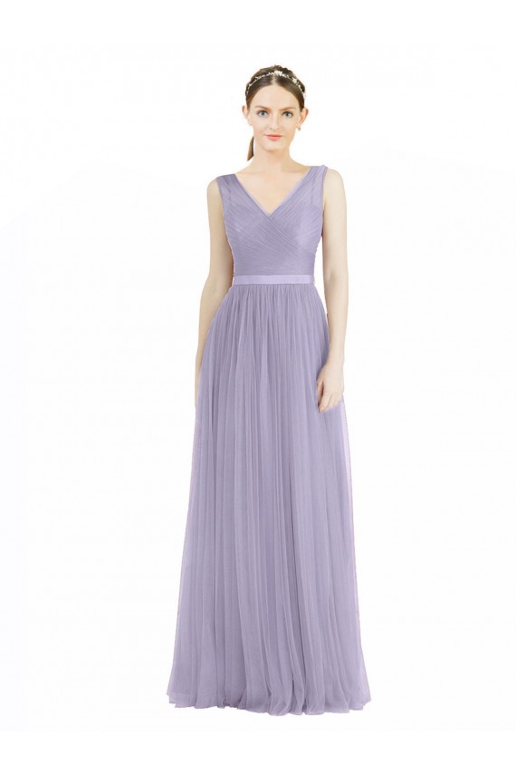 Comprar Lila línea A Cuello en V Tul Largo Vestidos de dama de honor