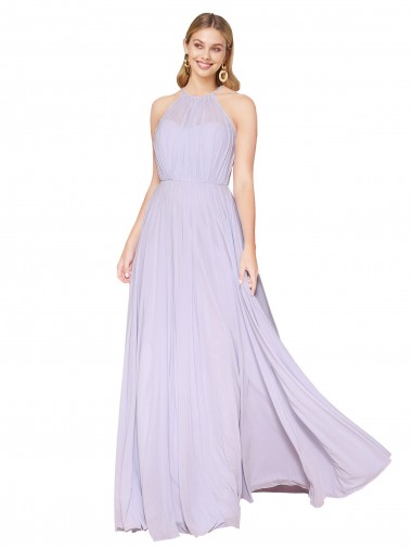 Comprar Lila línea A Halter Cuello Alto Gasa Largo Formales Vestidos de dama de honor / Vestidos de fiesta