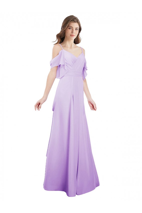 Comprar Lila línea A Hombros Descubiertos Tirantes espagueti Gasa Largo Vestidos de dama de honor