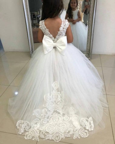 Comprar Marfil Barco Cola capilla Tul Encaje Largo vestidos de niña de las flores