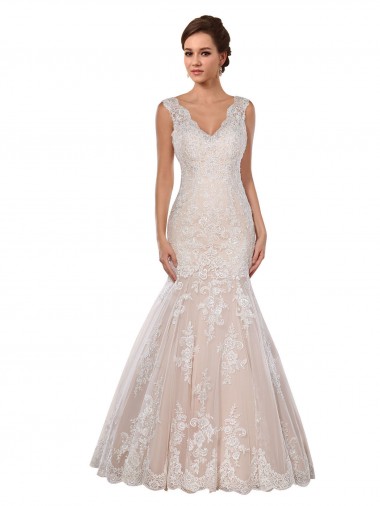 Comprar Marfil & Champán Sirena Cuello en V Cola capilla Encaje Clásico Vestidos de novia