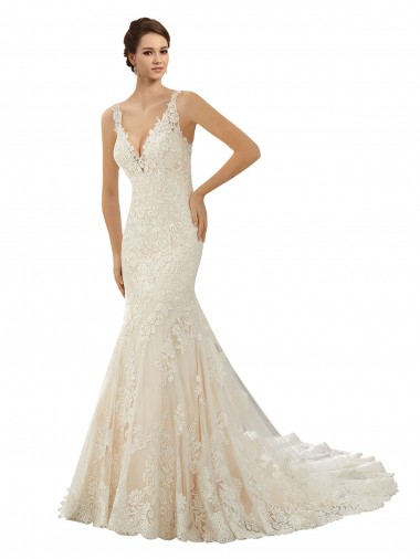 Comprar Marfil & Champán Sirena Cuello en V Cola capilla Encaje Vestidos de novia