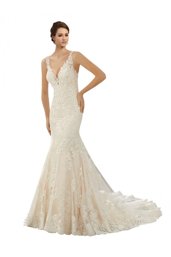 Comprar Marfil & Champán Sirena Cuello en V Cola capilla Encaje Vestidos de novia