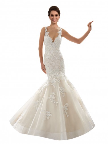 Comprar Marfil & Champán Sirena Cuello en V Cola capilla Tul Encaje Clásico Vestidos de novia