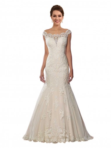 Comprar Marfil & Champán Sirena Hombros Descubiertos Cola capilla Encaje Boho Vestidos de novia