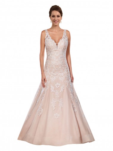 Comprar Marfil & Champán línea A Cuello en V Cola capilla Encaje Clásico Vestidos de novia