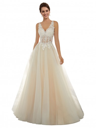Comprar Marfil & Champán línea A Cuello en V Cola capilla Tul Encaje Clásico Vestidos de novia