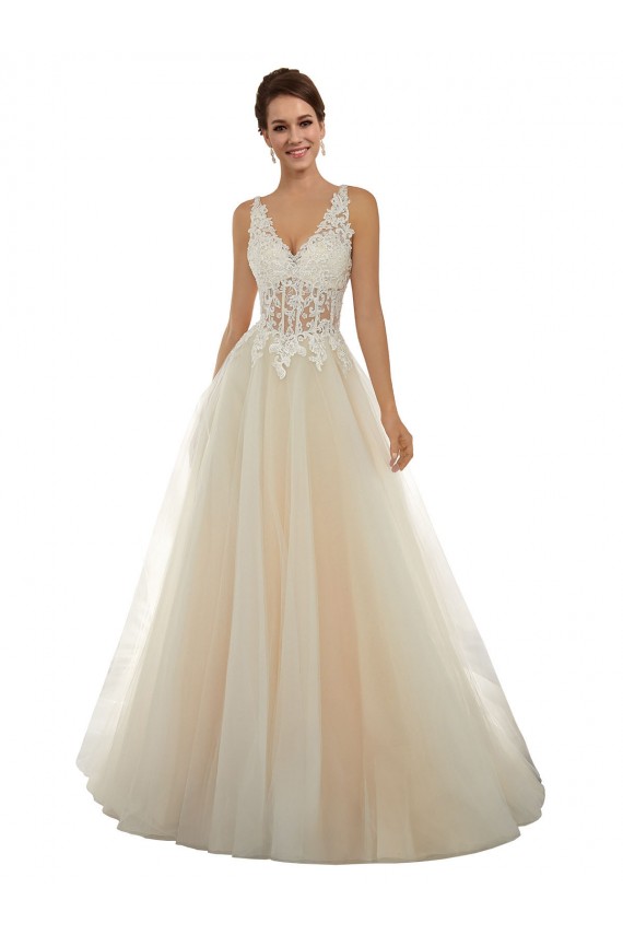 Comprar Marfil & Champán línea A Cuello en V Cola capilla Tul Encaje Clásico Vestidos de novia