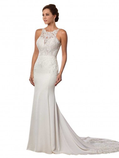 Comprar Marfil Cubierta Cuello Alto Cola capilla Encaje Vestidos de novia