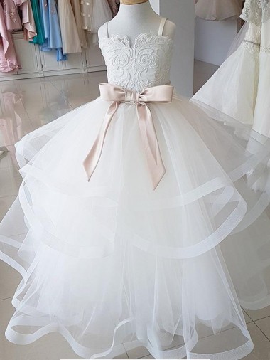 Comprar Marfil Cuello Alto Tul Encaje Largo vestidos de niña de las flores