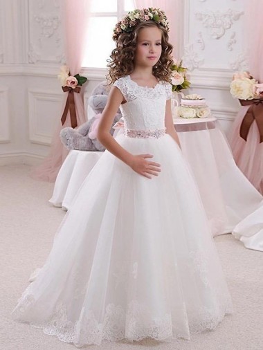 Comprar Marfil Cuello Alto Tul Encaje Largo vestidos de niña de las flores