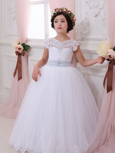 Comprar Marfil Cuello de Corazón Cola capilla Tul Encaje Largo vestidos de niña de las flores