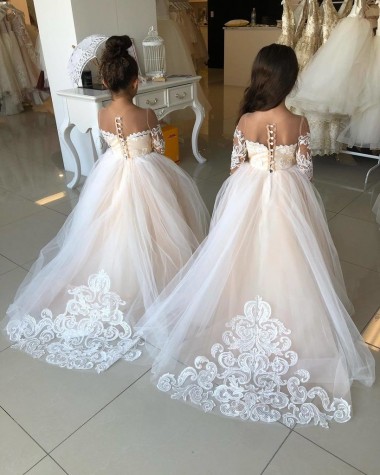 Comprar Marfil Cuello de Corazón Cola capilla Tul Encaje Largo vestidos de niña de las flores