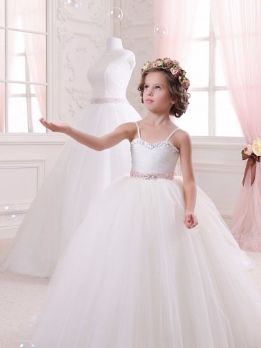 Comprar Marfil Cuello de Corazón Cola capilla Tul Largo vestidos de niña de las flores