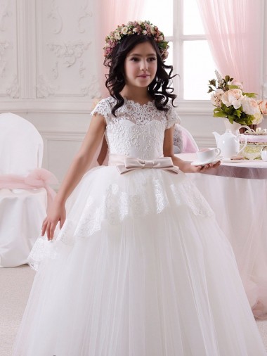 Comprar Marfil Cuello de Corazón Tul Encaje Largo vestidos de niña de las flores